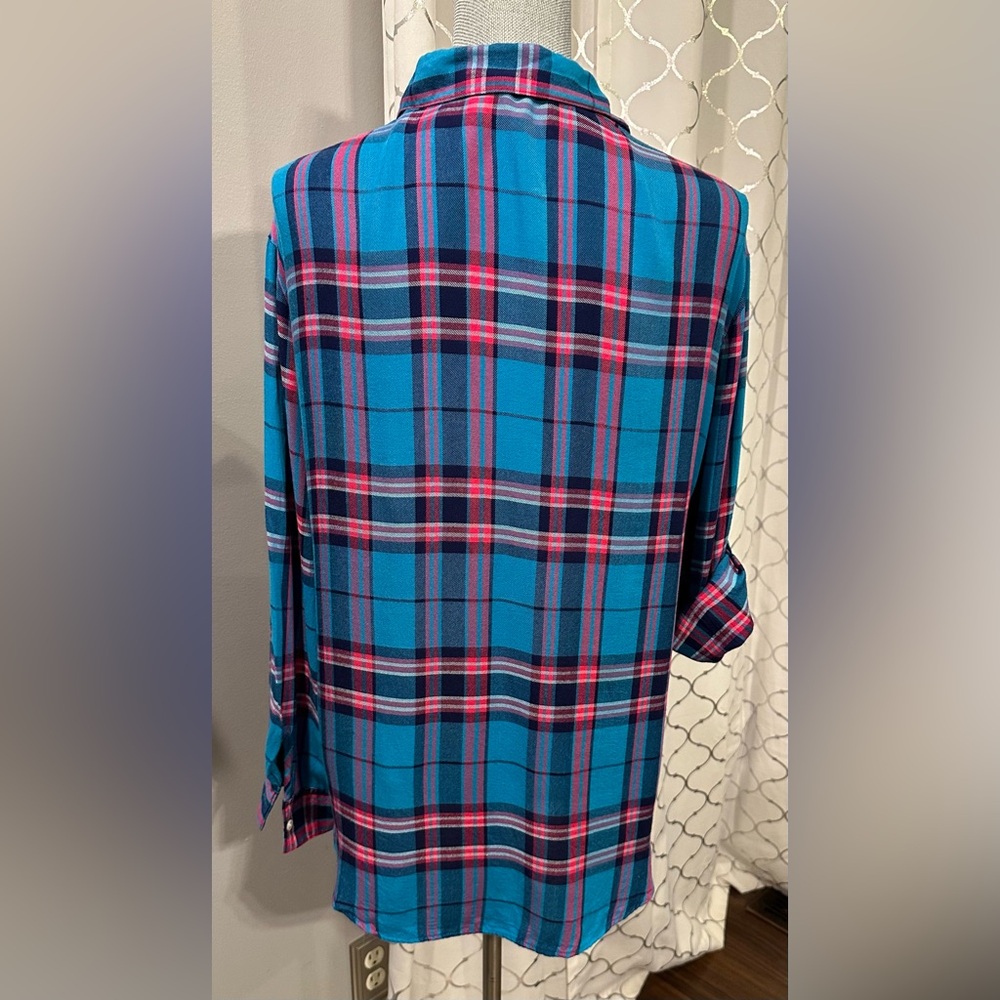 Express plaid vibrant blue flannel look roll tab sleeves wear up / down medium - Picture 4 of 6